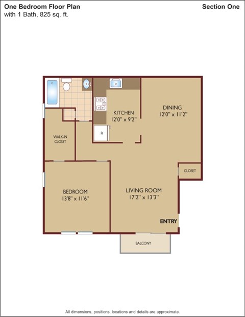 Floor plan for 1 bed, 1 bath, 825 sqft